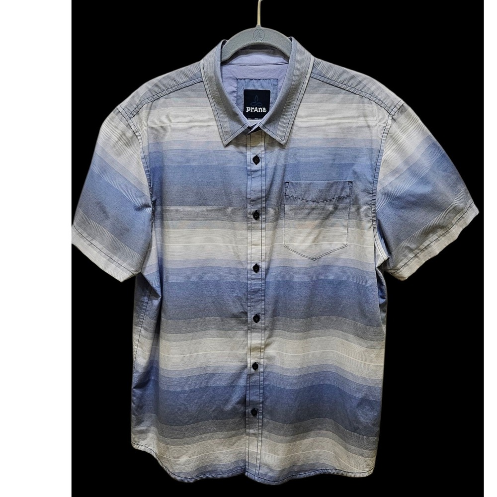 prAna Tamarack Blue Striped Button Up Short Sleeve Casual Shirt Outdoor Mens LRG